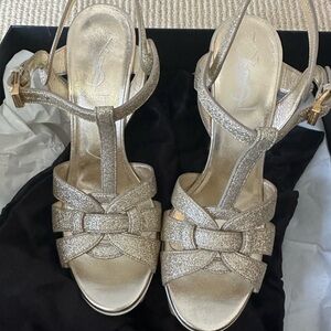 YSL Gold Tribute Platform Stiletto in Gold Glitter